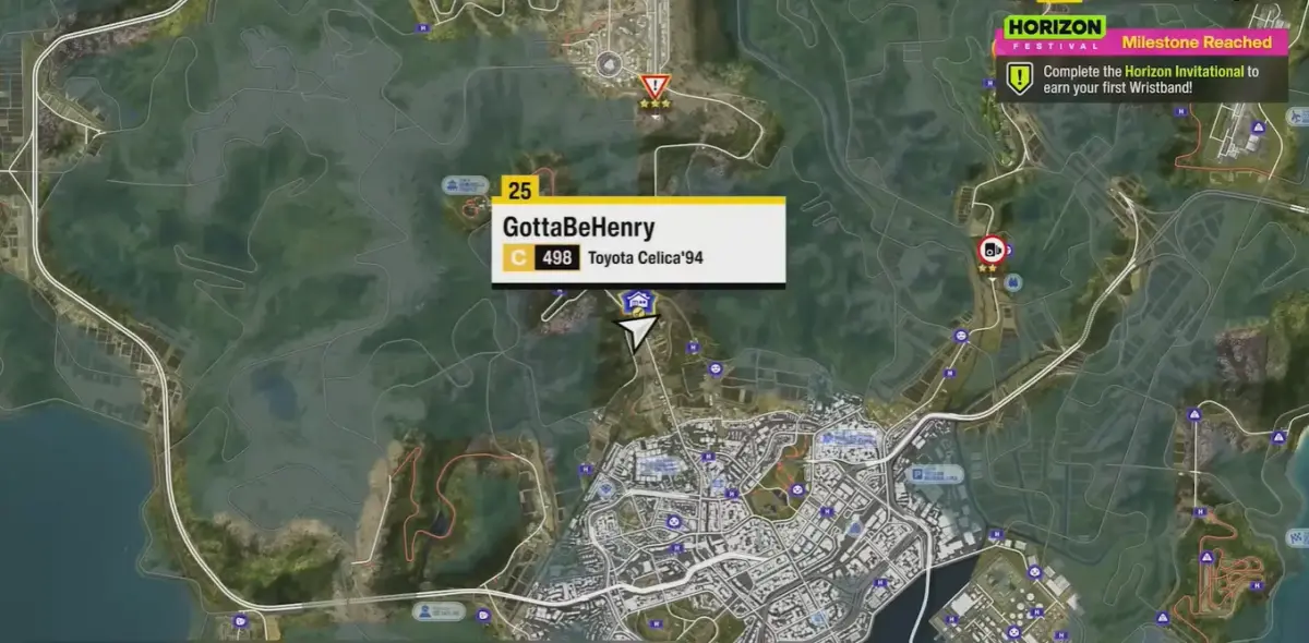 Forza Horizon 6 ambientado no Japão — e a Microsoft sabe que não pode errar desta vez 4 Mapa de Forza Horizon 6 mostrando região japonesa com Toyota Celica 94 selecionada e notificação de milestone