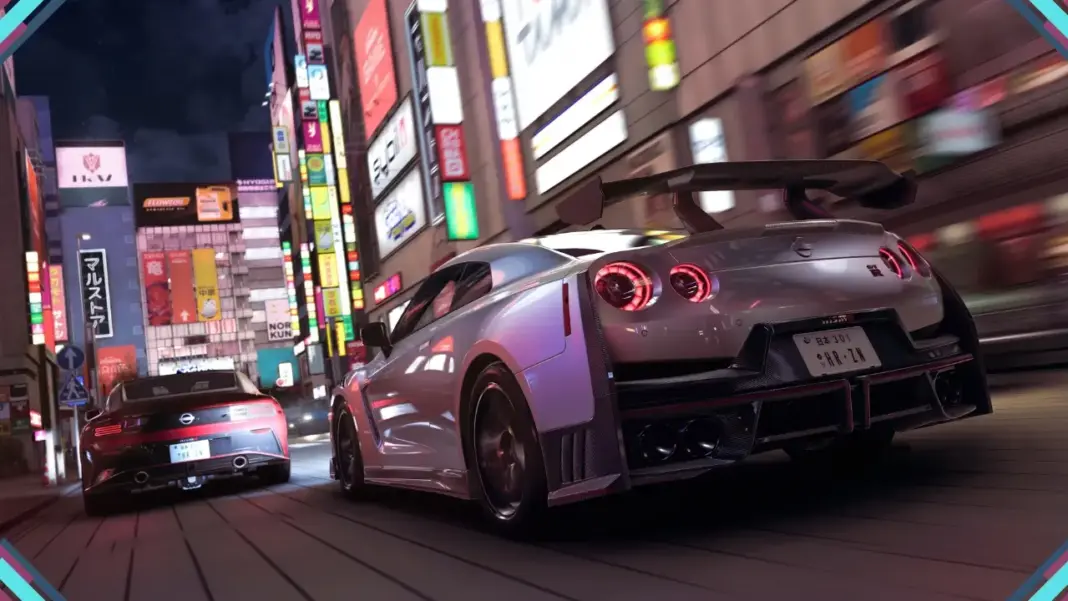 Nissan GT-R tunado acelerando pelas ruas noturnas de Tóquio em Forza Horizon 6, com letreiros neon ao fundo
