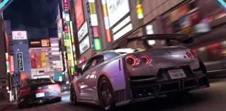 Nissan GT-R tunado acelerando pelas ruas noturnas de Tóquio em Forza Horizon 6, com letreiros neon ao fundo
