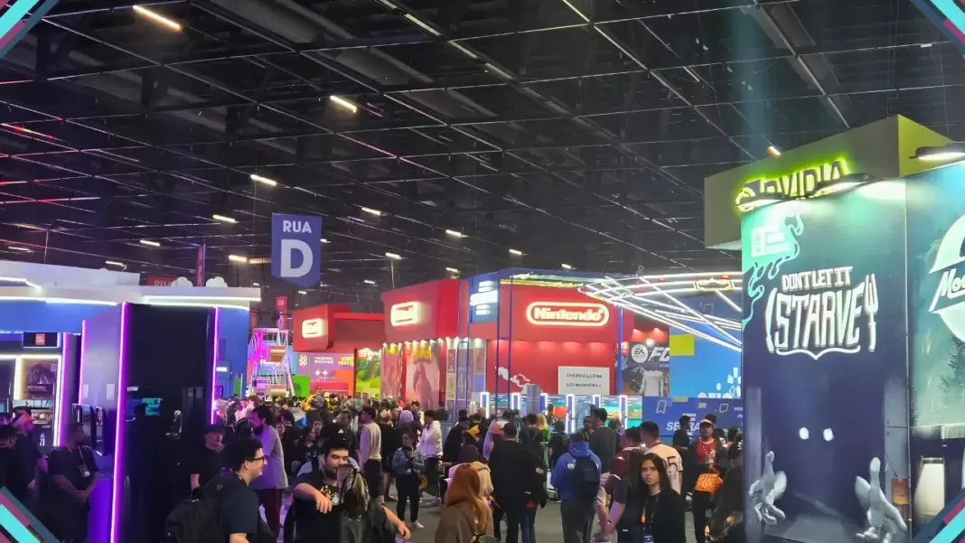 Corredor lotado da gamescom latam 2026 com estandes de Nintendo, EA, Don't Starve e NVIDIA, análise