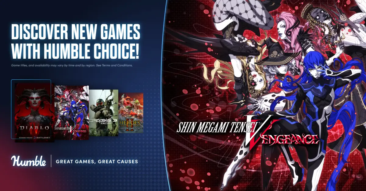 Humble Choice de maio chega com Diablo IV, SMT V: Vengeance e muito mais 1 Banner oficial do Humble Bundle Choice de maio de 2026 com a arte de Shin Megami Tensei V: Vengeance em destaque e capas de Diablo IV, Crysis 3 Remastered e Heroes of Hammerwatch II