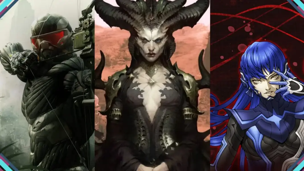 Montagem com os três destaques do Humble Choice de maio de 2026: o soldado de Crysis 3 Remastered, Lilith de Diablo IV e a protagonista de Shin Megami Tensei V: Vengeance