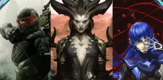 Montagem com os três destaques do Humble Choice de maio de 2026: o soldado de Crysis 3 Remastered, Lilith de Diablo IV e a protagonista de Shin Megami Tensei V: Vengeance
