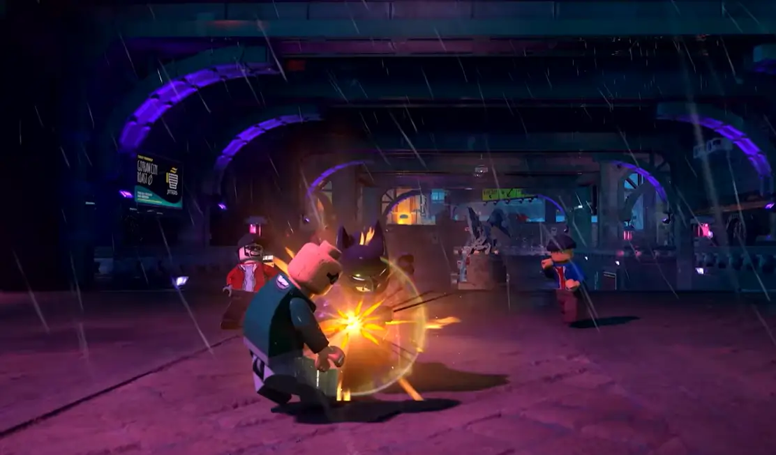Lego Batman: The Legacy of the Dark Knight — Primeiras Impressões: o melhor dos dois mundos em um só jogo 3 Batman Lego golpeando inimigo em área externa de Gotham sob chuva com iluminação roxa em Lego Batman The Legacy of the Dark Knight