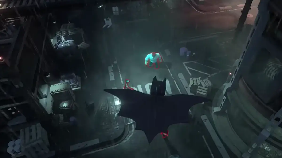 Lego Batman: The Legacy of the Dark Knight — Primeiras Impressões: o melhor dos dois mundos em um só jogo 4 Batman Lego planejando com a capa sobre as ruas de Gotham à noite com visão aérea em Lego Batman The Legacy of the Dark Knight