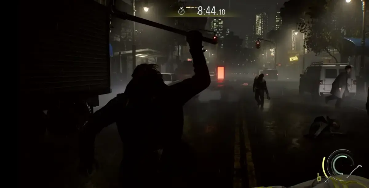 Leon Must Die Forever é o novo desafio de Resident Evil Requiem 2 Leon golpeando inimigo com arma branca em rua urbana noturna com timer em 8:44 no minigame Leon Must Die Forever
