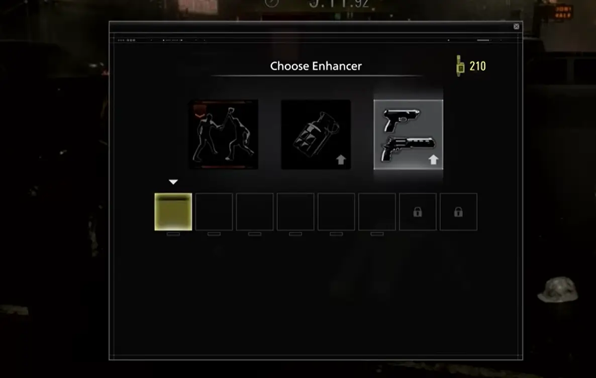 Leon Must Die Forever é o novo desafio de Resident Evil Requiem 3 Tela Choose Enhancer do minigame Leon Must Die Forever exibindo três opções de habilidades desbloqueáveis, incluindo combate e armas