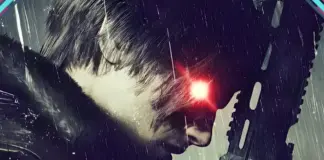 Leon S. Kennedy de perfil com mira laser vermelha sob chuva intensa em arte oficial de Leon Must Die Forever