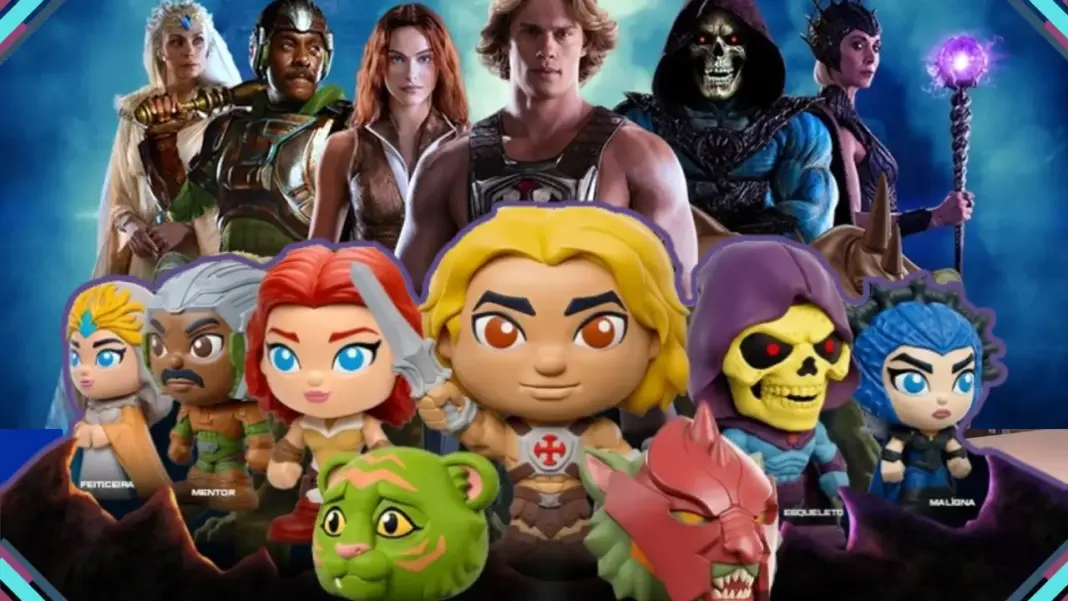 Minifiguras colecionáveis de Mestres do Universo da promoção do Giraffas com elenco do live-action ao fundo