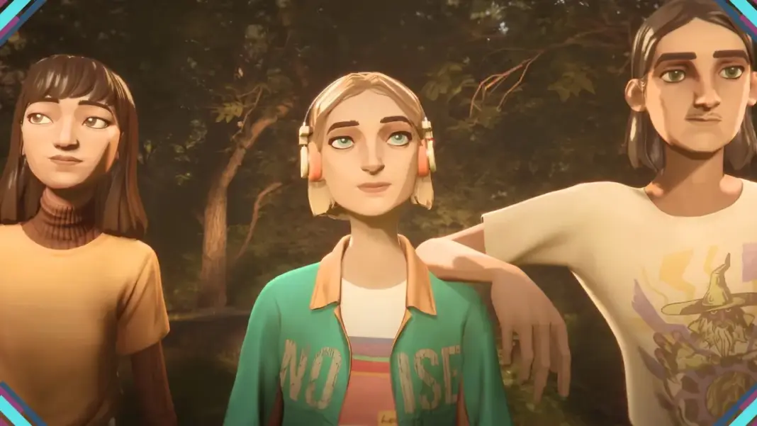 Três protagonistas de Mixtape em cena com visual 3D estilizado em ambiente arborizado, jogo publicado pela Annapurna Interactive