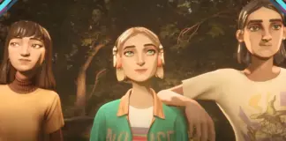 Três protagonistas de Mixtape em cena com visual 3D estilizado em ambiente arborizado, jogo publicado pela Annapurna Interactive