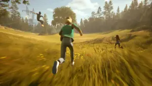 Screenshot de gameplay de Mixtape mostrando personagem correndo em campo florido com elementos surreais ao fundo. O jogo está disponível para PS5, Xbox Series X|S, Nintendo Switch 2 e PC via Steam desde maio de 2026.