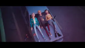 Imagem de Mixtape com os três protagonistas deitados sobre um carro em ângulo aéreo noturno, uma das cenas contemplativas do jogo desenvolvido pelo estúdio Beethoven & Dinosaur e publicado pela Annapurna Interactive em 2026.