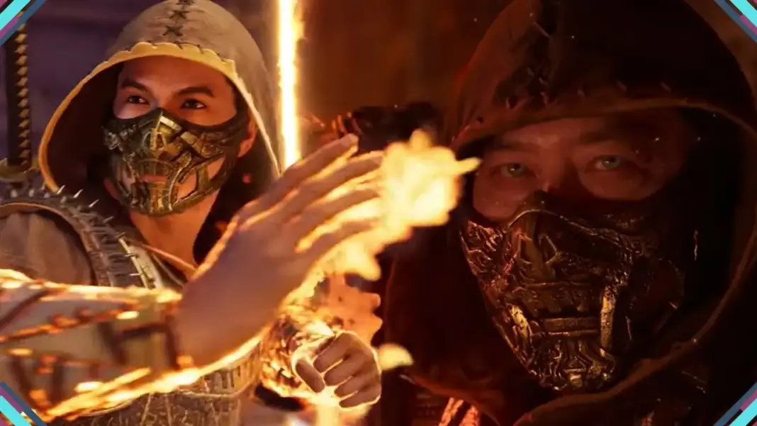 Dois personagens mascarados em cena do filme Mortal Kombat II, com chamas ao centro