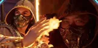 Dois personagens mascarados em cena do filme Mortal Kombat II, com chamas ao centro