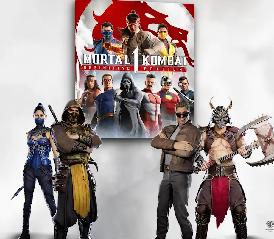 Skins do filme Mortal Kombat II para Johnny Cage, Kitana, Scorpion e Shao Kahn em Mortal Kombat 1: Definitive Edition