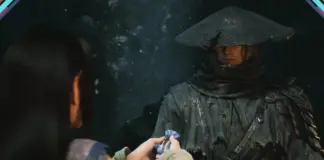 Personagem principal de Phantom Blade Zero com chapéu cônico e armadura escura recebendo um objeto azul de outro personagem em cena cinemática