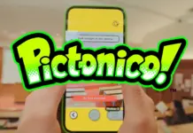 Tela de gameplay de Pictonico! com rostos de personagens em minigame colorido para smartphones