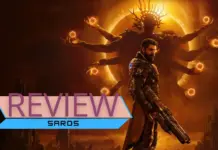 Review: Saros — a Housemarque corrigiu o que precisava e entregou seu melhor roguelike Arte oficial de Saros com Arjun Debrage armado em frente a divindade de múltiplos braços com eclipse ao fundo, para review do jogo no PS5