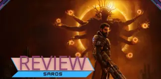 Arte oficial de Saros com Arjun Debrage armado em frente a divindade de múltiplos braços com eclipse ao fundo, para review do jogo no PS5