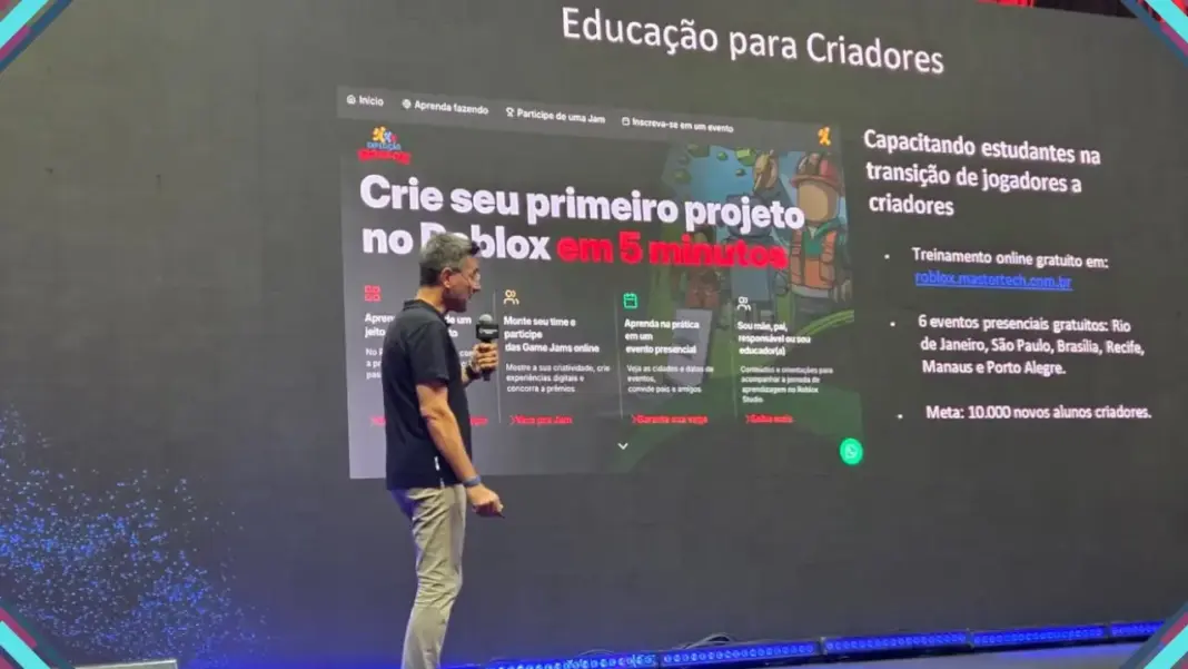 Diego Dzodan GM da Roblox, durante apresentação sobre crescimento da plataforma na América Latina durante a gamescom latam 2026