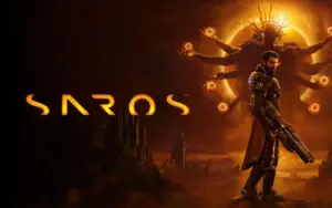 Arte oficial de Saros, exclusivo para PlayStation 5 desenvolvido pela Housemarque, com o protagonista Arjun Debrage e a entidade cósmica central da narrativa do jogo lançado em 2026.