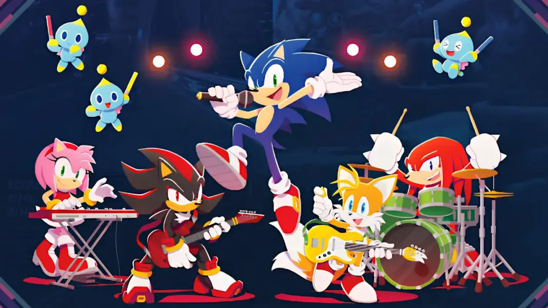 Arte oficial do Sonic Live In Concert com Sonic the Hedgehog em pose icônica sobre fundo de palco iluminado