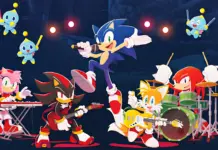 Arte oficial do Sonic Live In Concert com Sonic the Hedgehog em pose icônica sobre fundo de palco iluminado