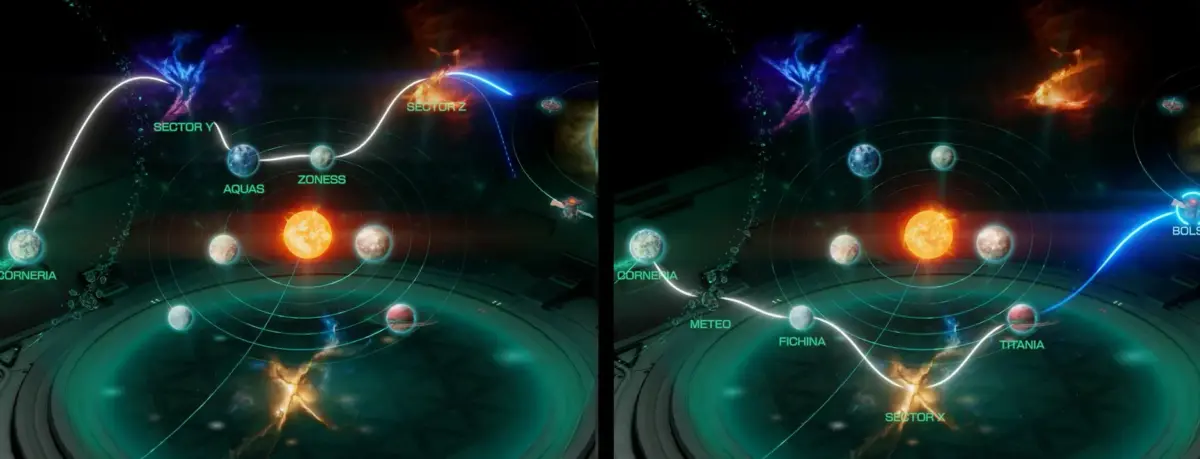 Star Fox chega ao Nintendo Switch 2 em 25 de junho — remake de Star Fox 64 3 Mapa do Sistema Lylat de Star Fox para Nintendo Switch 2 com dois caminhos de missão exibindo planetas como Corneria, Meteo, Fichina, Aquas e Zoness