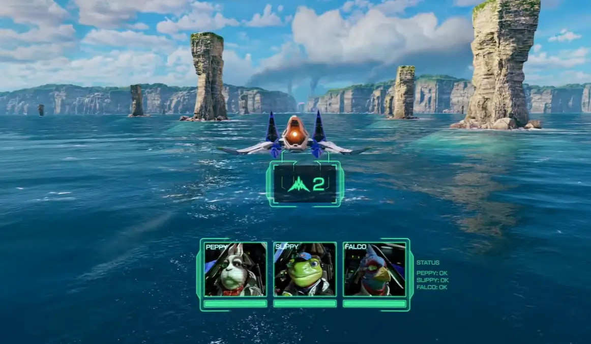 Star Fox chega ao Nintendo Switch 2 em 25 de junho — remake de Star Fox 64 2 HUD de gameplay de Star Fox Switch 2 com Arwing voando e painéis de status de Peppy, Slippy e Falco na parte inferior