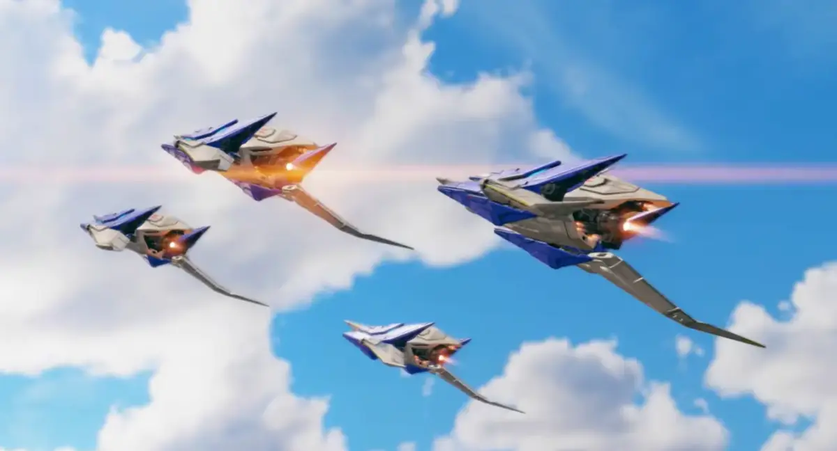 Após sucesso em Super Mario Galaxy, Fox McCloud retorna no Switch 2 2 Quatro caças Arwing do esquadrão Star Fox em formação de combate no céu azul no remake para Nintendo Switch 2