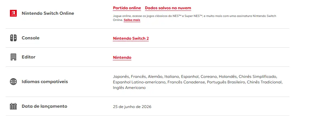 Star Fox chega com suporte ao português — inclusive para o Brasil no Switch 2 1 Ficha técnica de Star Fox na eShop brasileira confirmando Português Brasileiro entre os idiomas compatíveis e lançamento em 25 de junho de 2026