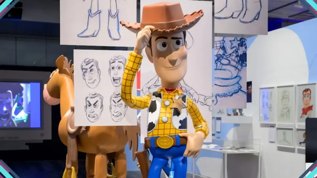 Estátua de Woody em tamanho real cercada por esboços de personagens da Pixar na exposição Toy Story ao Infinito e Além em São Paulo