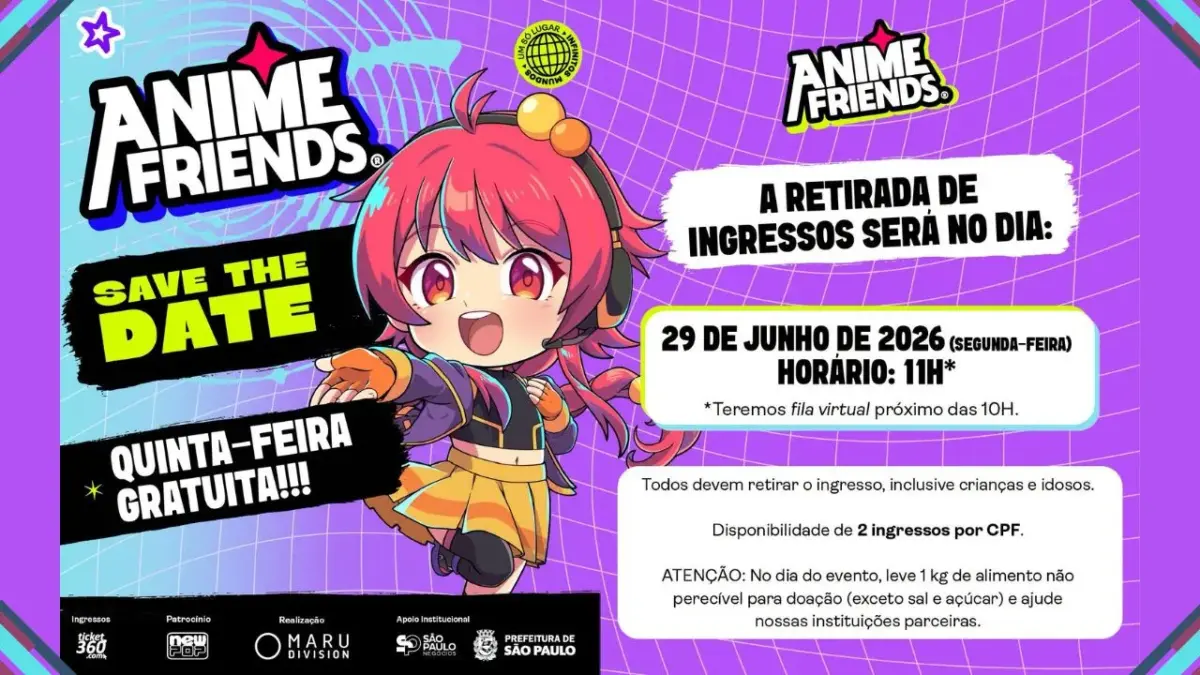 Anime Friends 2026 terá entrada gratuita na abertura do evento mediante doação de alimentos