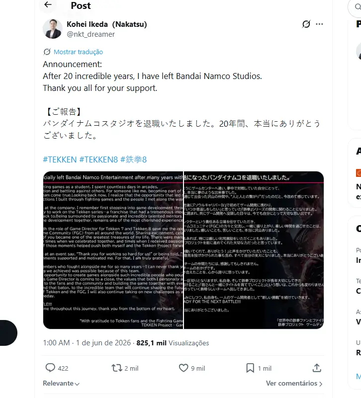 Diretor de Tekken 8, Kohei Ikeda deixa a Bandai Namco após 20 anos 1 Diretor de Tekken 8, Kohei Ikeda, deixa a Bandai Namco após 20 anos