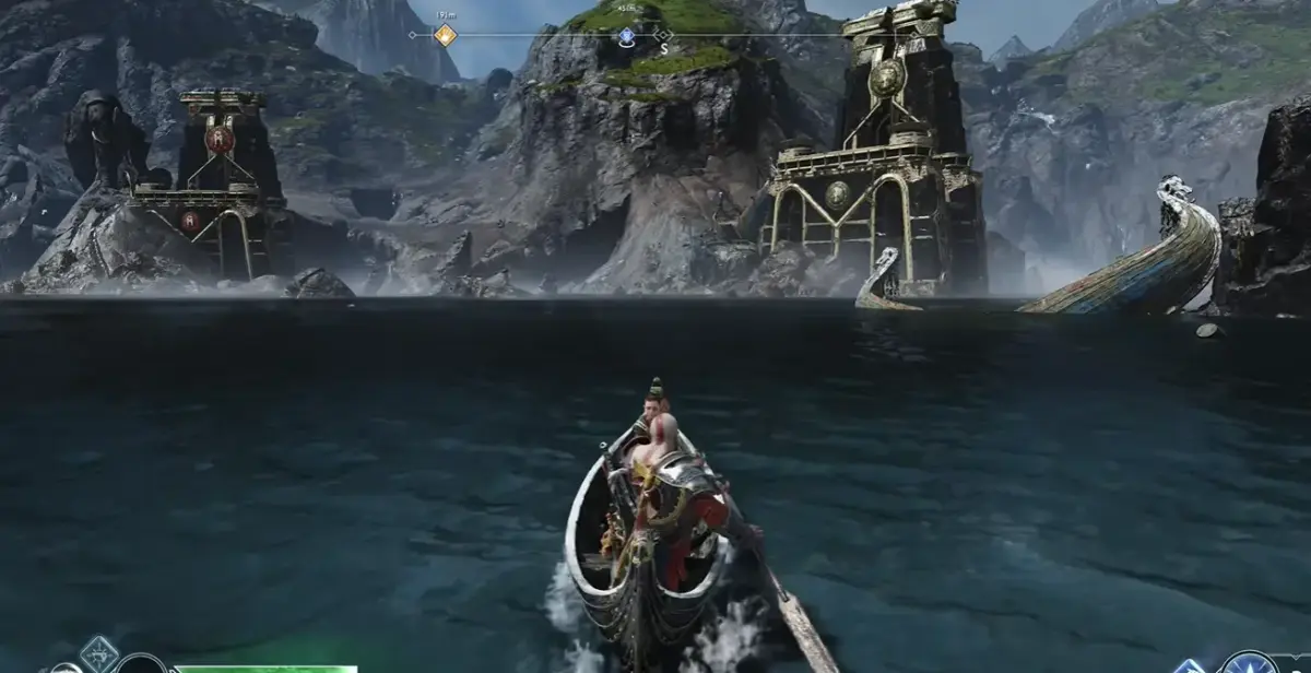 Kratos e Atreus conversam enquanto navegam de barco pelos reinos nórdicos em God of War