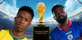 Vinícius Júnior disputa lance com Frantzdy Pierrot antes do confronto entre Brasil e Haiti pela Copa do Mundo 2026.