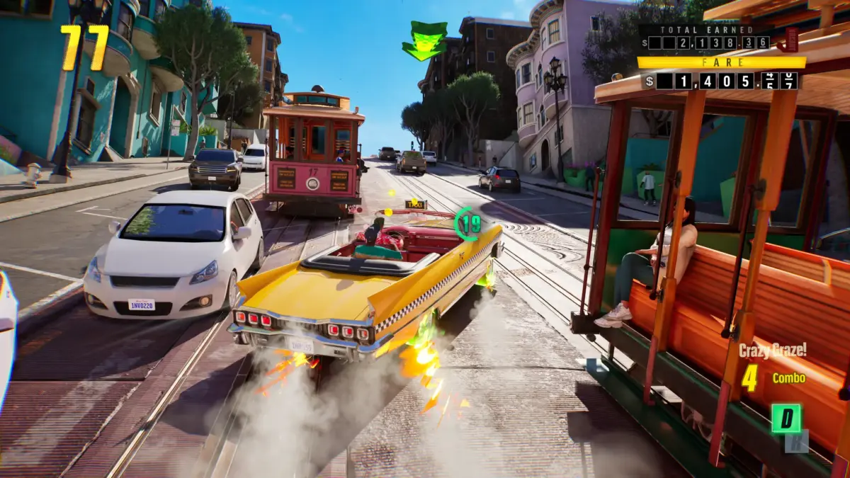 Crazy Taxi: World Tour é anunciado com trilha do The Offspring 2 Gameplay de Crazy Taxi: World Tour mostrando o táxi amarelo em alta velocidade entre bondes em uma rua íngreme inspirada em São Francisco