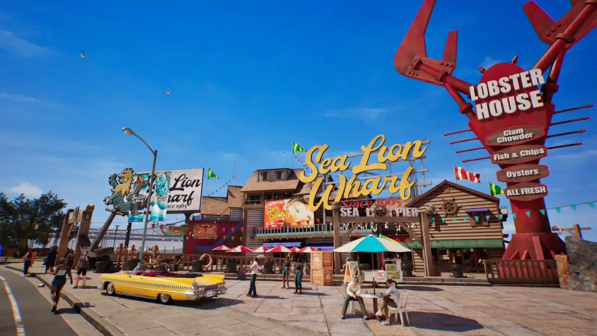 Crazy Taxi: World Tour é anunciado com trilha do The Offspring 1 Táxi amarelo estacionado em frente ao Sea Lion Wharf em Crazy Taxi: World Tour, cenário portuário inspirado em São Francisco