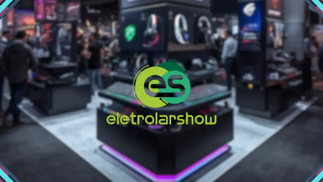 Logo da Eletrolar Show 2026 com estande de produtos gamers desfocado ao fundo durante a feira de negócios e tecnologia