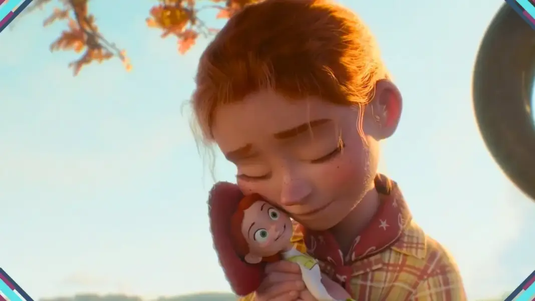 Jessie e Emily em cena de flashback de Toy Story 5, com o rosto completo da dona sendo revelado pela primeira vez