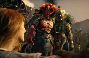 Cena oficial do trailer de God of War: Laufey mostrando Faye diante dos antagonistas Beexian e Seekmat, revelado no State of Play de junho de 2026 para PS5.