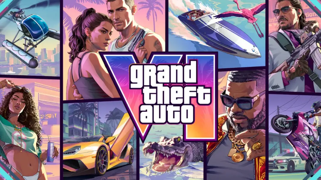 Arte oficial de GTA VI mostra Jason e Lucia em destaque com Vice City ao fundo.