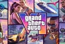 Arte oficial de GTA VI mostra Jason e Lucia em destaque com Vice City ao fundo.