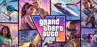 Arte oficial de GTA VI mostra Jason e Lucia em destaque com Vice City ao fundo.