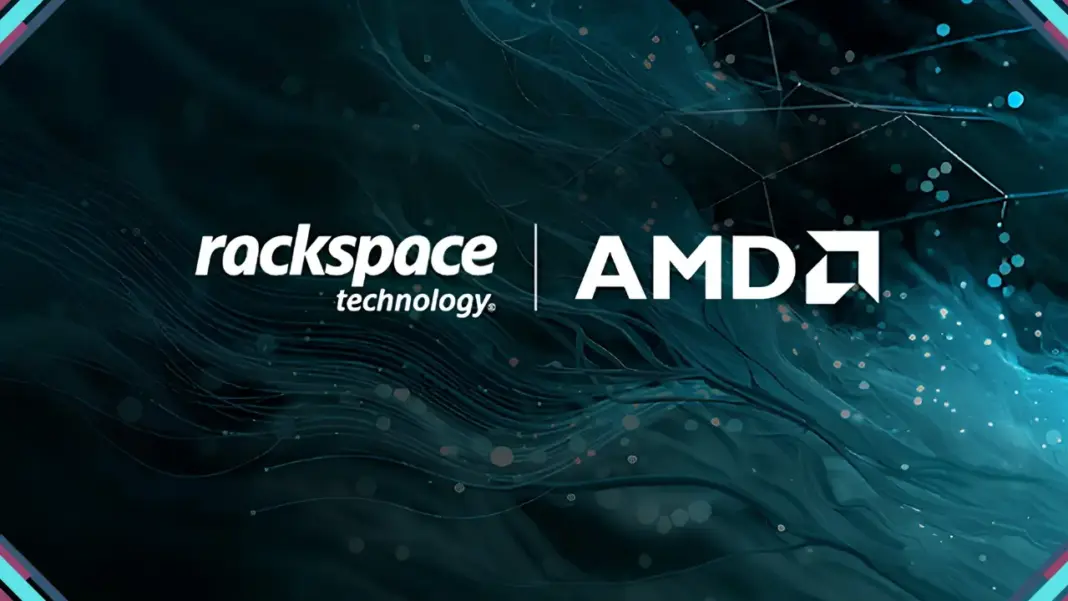 Logotipos da AMD e Rackspace destacam parceria para implantação de 30 MW de infraestrutura de inteligência artificial até 2028.