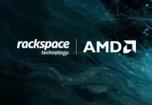 Logotipos da AMD e Rackspace destacam parceria para implantação de 30 MW de infraestrutura de inteligência artificial até 2028.