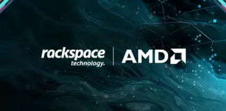 Logotipos da AMD e Rackspace destacam parceria para implantação de 30 MW de infraestrutura de inteligência artificial até 2028.