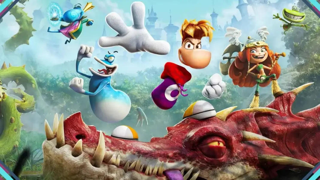 Arte oficial de Rayman Legends Retold com Rayman, Globox, Betilla e outros personagens sobre um dragão