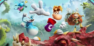 Arte oficial de Rayman Legends Retold com Rayman, Globox, Betilla e outros personagens sobre um dragão
